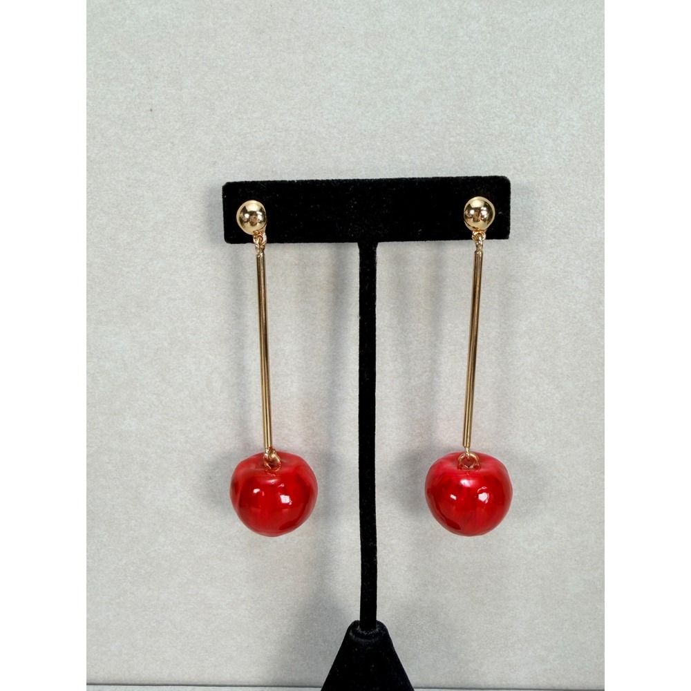 ZARA Red Cherry Long Drop Gold Tone Statement Earrings Fruit Runway NWOT